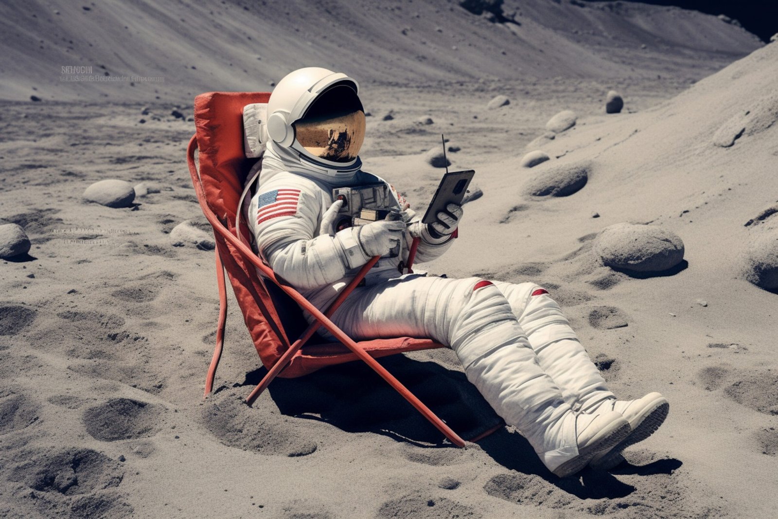 Un astronaute est confortablement installé dans sa chaise longue, sur la lune, plongé dans la lecture.